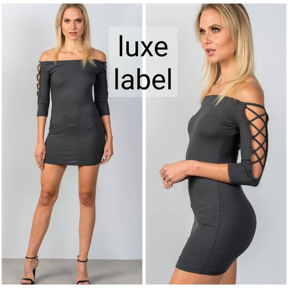 OFF SHOULDER RIBBED BODYCON MINI DRESS in CHARCOAL
